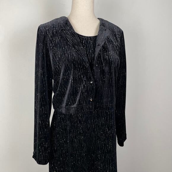 90s VTG Ronni Nicole 2-Pc Velvet Evening Dress w/ Jacket Black Glitter Sparkly - Picture 7 of 16